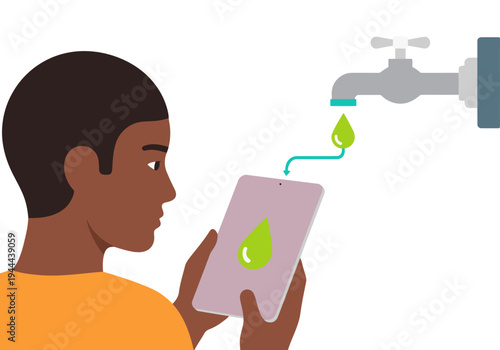 A young man monitors water usage on a tablet, showcasing smart water conservation. Modern illustration with a clean design. Focus on sustainability and technology.
