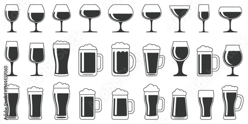 Wine and Beer Glasses Silhouette, assorted wine glass and cocktail glass shapes, beverage drinkware outline style