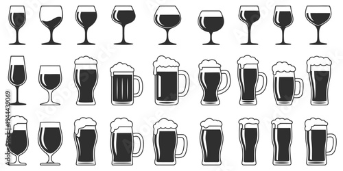 Wine and Beer Glasses Silhouette, assorted wine glass and cocktail glass shapes, beverage drinkware outline style