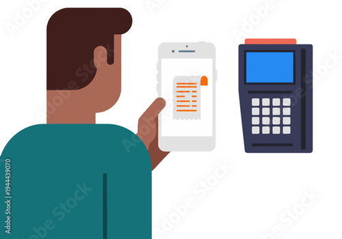 A man uses a smartphone to pay at a retail terminal. Modern digital receipt displayed. Clean, flat design illustration for commercial use.