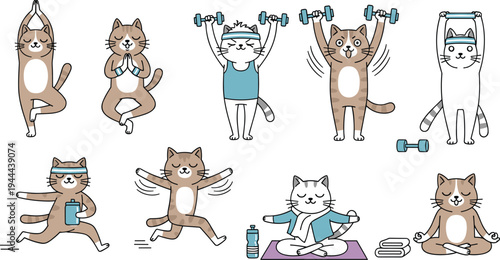 Cute Fitness Cat Workout Vector Illustration Set with Yoga, Running, Meditation, Dumbbell Training and Healthy Lifestyle Cartoon Kitty Characters