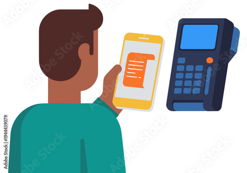 A man uses a smartphone to pay at a boutique POS terminal. Modern digital receipt displayed. Clean, illustrative style. Perfect for commerce and technology visuals.