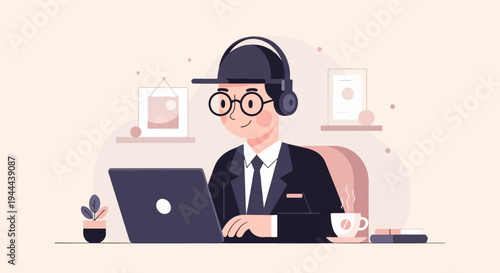 Person wearing headphones and glasses works on a laptop