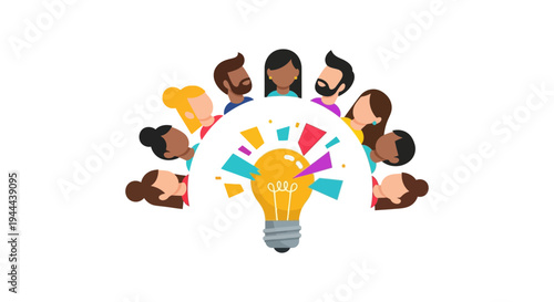 Diverse Team Brainstorming for Innovation: Collaboration, New Ideas & Creative Solutions Represented by a Lightbulb