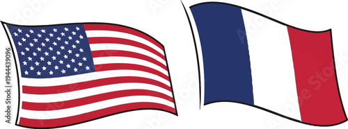 Two national flags, USA and France, waving gently