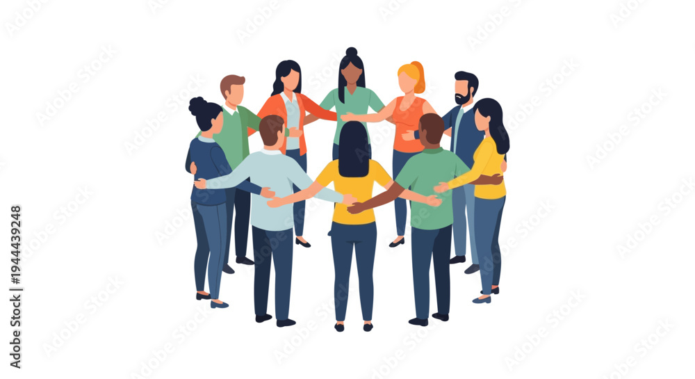 Obraz premium Diverse Group of People Standing in a Circle, United and Connected - Community, Teamwork, and Inclusion Concept Vector Illustration