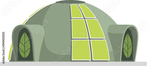 A modern bioplastic dome shelter showcases sustainable design. Its green hue and solar panels offer a visually appealing, eco-friendly structure. Perfect for nature and architectural concepts.