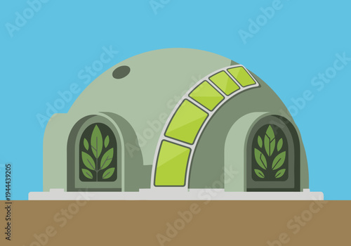 A modern bioplastic dome shelter illustration.  Green and gray tones, featuring windows and natural leaf accents.  Ideal for nature, sustainability, and eco-friendly design concepts.