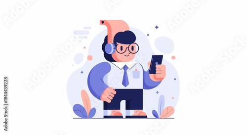 Cartoon character with headphones holding smartphone, surrounded by abstract shapes