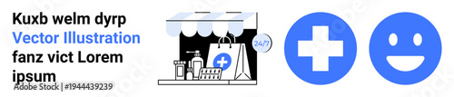 Healthcare services, digital shopping, medical supplies, online pharmacy, emergency care, telehealth. Storefront with medical icons. Healthcare services and digital shopping concepts