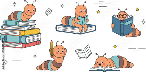 Cute Bookworm Cartoon Vector Set with Adorable Worm Characters Reading Books, Studying, and Learning for Education, School, and Knowledge Illustration