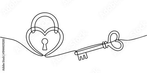 Heart-shaped lock and key in continuous one line drawing. Symbolizing love, trust, and security, Home Sweet Home Cartoon love house line pattern. Home icon or symbol. One continuous line drawing.