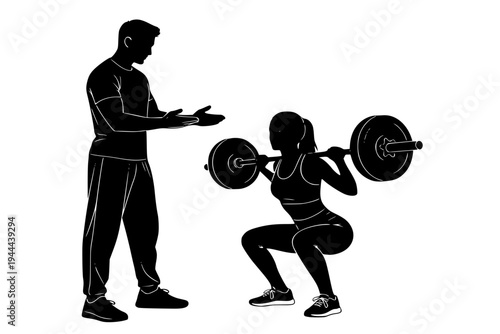Personal Trainer Coaching Young Woman Barbell Squat Proper Form Fitness Training Gym Concept Black Vector