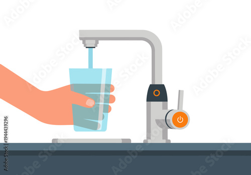 A modern smart water faucet dispenses water into a glass. A hand reaches for the water. Clean, bright, and inviting design. Ideal for health, wellness, and technology visuals.