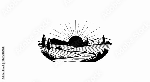 Stylized sunrise over rolling farmland with trees and small houses