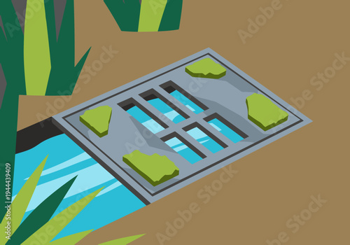 Pool overflow drain illustration. Clean, modern design with water flowing naturally. Ideal for water features, landscaping, and pool design visuals.