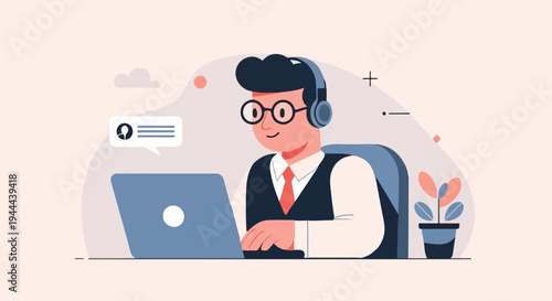 Cheerful person with headphones and glasses works on a laptop, engaging in communication