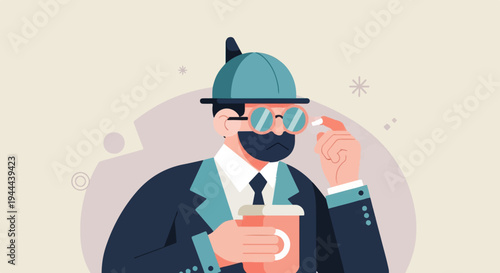 Stylized businessman in suit, hat, glasses, holding coffee and pill