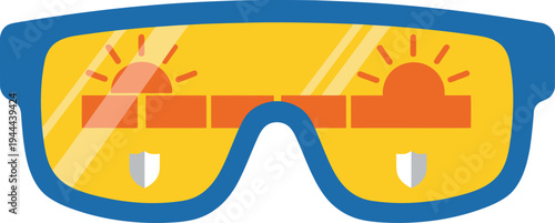 Safety glasses with UV protection display a vibrant sun and shield graphic. Modern, clean design for commercial use. Bright, bold colors.