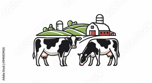 Cows in a pastoral setting with a barn and rolling green hills