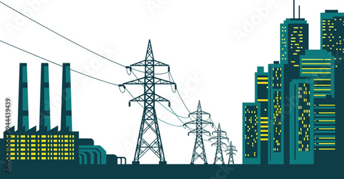 Electric power transmission city skyline with factory power plant towers electricity grid urban energy infrastructure vector illustration