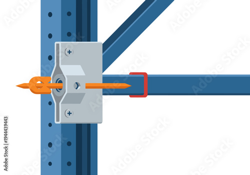 Secure racking connector with safety pin illustration. Clean, modern design showcasing structural integrity and safety features. Ideal for industrial or storage visuals.