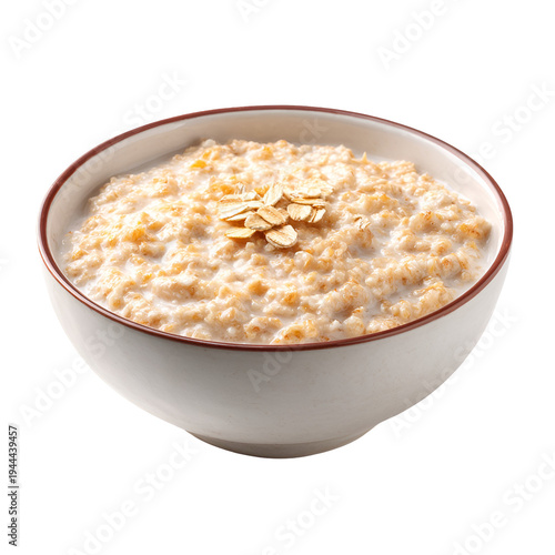 Creamy oatmeal porridge in white bowl with almonds healthy breakfast top view