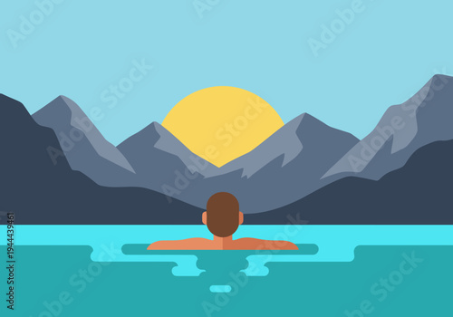 A serene figure relaxes in Morning Mountain Hot Spring, gazing at a vibrant sunrise over majestic mountains. A calming, minimalist scene.