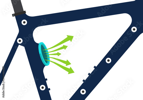 A sleek bicycle frame showcases aerodynamic air intake design. Arrows illustrate airflow, highlighting performance and speed. Modern, illustrative style.