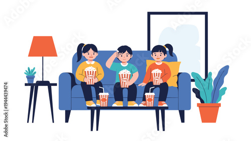 Three children sitting on a blue sofa enjoying popcorn and sodas while watching a movie in a cozy living room scene.