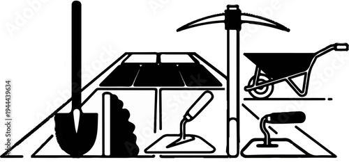 Diverse construction tools and materials artfully arranged in a striking black and white composition