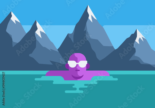 A stylish traveler relaxes in a mountain hot spring, surrounded by majestic peaks. Vibrant colors and a serene landscape create a captivating visual.