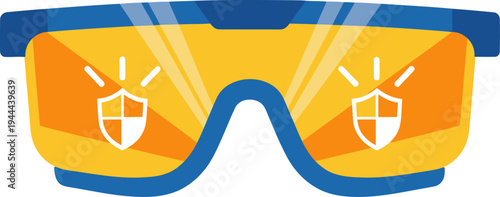 Stylish UV protection safety glasses with a vibrant yellow lens and blue frame.  Clear, modern design. Ideal for health, safety, and technology visuals.