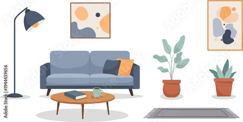 Cozy minimalist living room with sofa, coffee table, plants, and art