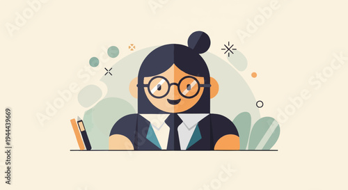 Stylized cartoon of a professional woman with glasses and bun