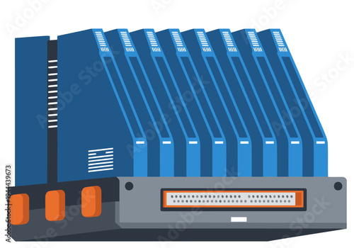 A stylized illustration of a heatsink power station with prominent fins. Modern, blue and orange color scheme. Clean, graphic design suitable for tech and business visuals.