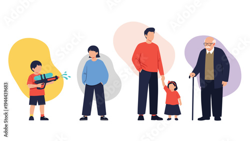 Illustration showcasing the stages of life with characters ranging from a young child playing with water to an elderly man.