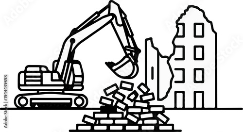 Excavator demolishes a building, creating rubble