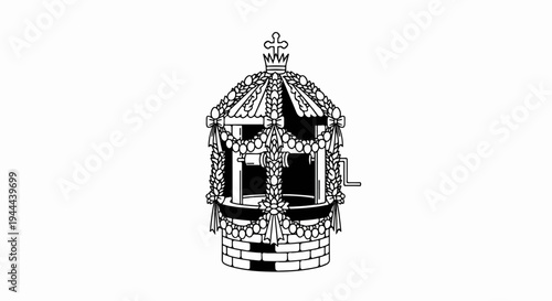 Elaborate, decorative well with crown, garlands, and crank