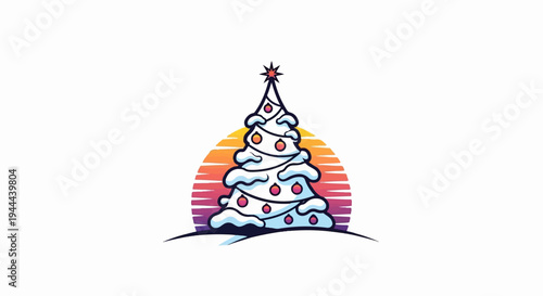 Festive snow-covered evergreen tree adorned with ornaments against sunset