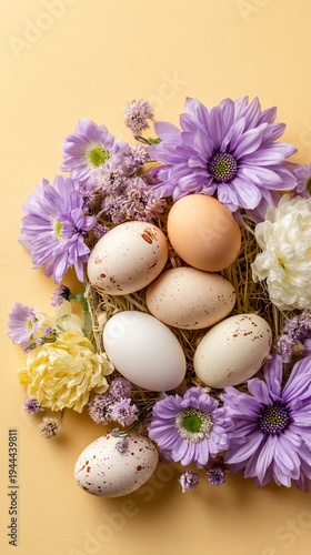 Delicate spring composition of speckled eggs nestled in straw, surrounded by soft purple and yellow flowers on a warm beige background