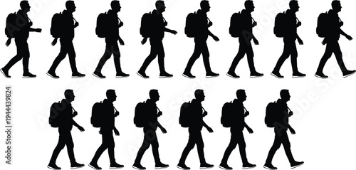 Walking man silhouette set with backpack traveler steps sequence male pedestrian motion vector illustration isolated people collection