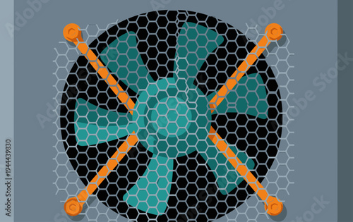 stylized illustration showcases inverter cooling fan vents with a hexagonal mesh design  Bold orange accents highlight the structure offering a modern technical aesthetic