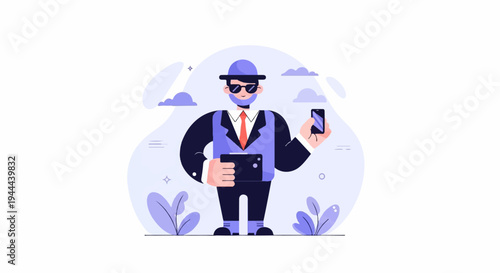 Stylish figure in suit with phone and tablet, cloud background
