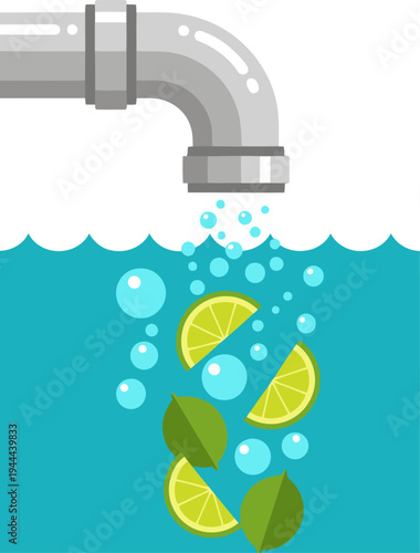 stylized illustration depicts water intake into a plant filter showcasing refreshing citrus Clean modern design with a vibrant blue water background and bright lemon slices