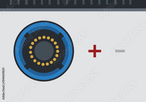A stylized illustration showcases a solar charging input port with a '+' and '-' symbol. Clean, modern design with a blue and gray color scheme. Ideal for tech and renewable energy concepts.