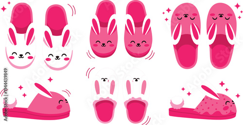 Cute bunny rabbit slippers collection cozy pink house shoes with animal faces cartoon flat vector illustration set