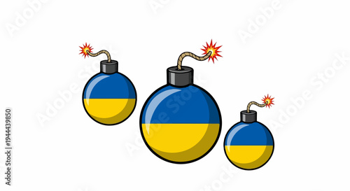 Three cartoon bombs with Ukrainian flag colors and lit fuses