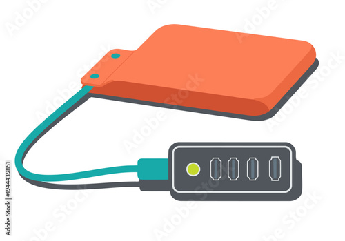 A stylized illustration showcases a rubberized dust cover port on a portable hard drive. Clean, modern design with vibrant orange and teal accents. Perfect for tech and digital concepts.