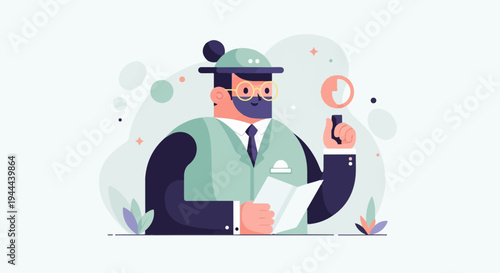 Flat illustration of a man in a suit and vest, holding a magnifying glass